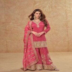 Tisha Gulkayra Premium Simar Embroidered Silk Palazzo Suit